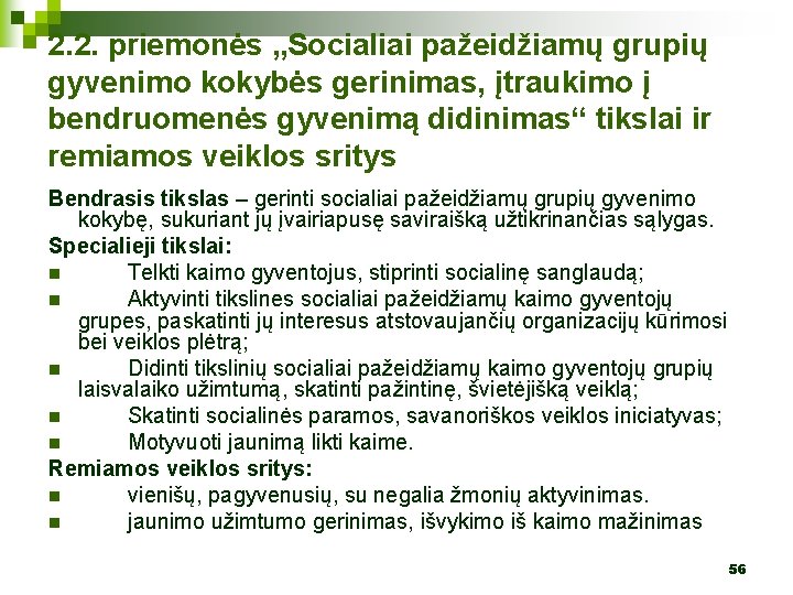 2. 2. priemonės „Socialiai pažeidžiamų grupių gyvenimo kokybės gerinimas, įtraukimo į bendruomenės gyvenimą didinimas“