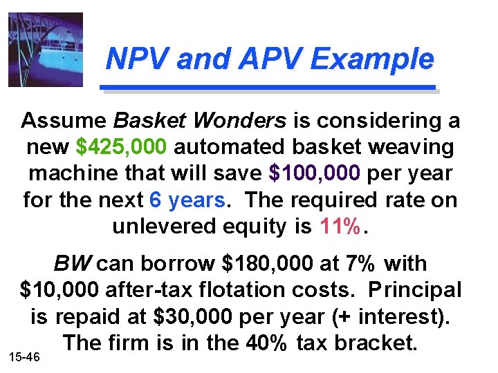 NPV and APV Example Assume Basket Wonders is considering a new $425, 000 automated