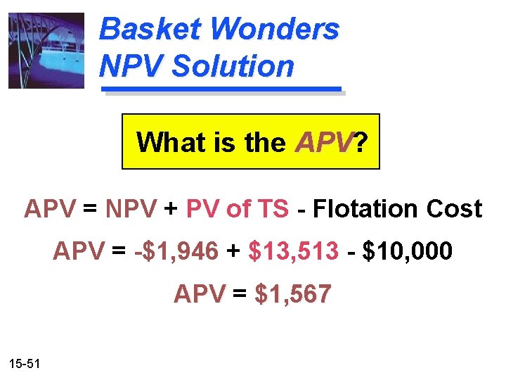 Basket Wonders NPV Solution What is the APV? APV = NPV + PV of