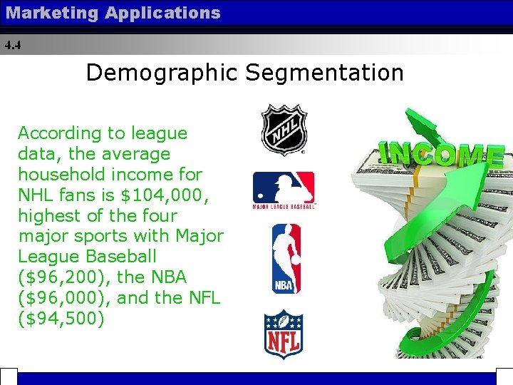 Marketing Applications 4. 4 Demographic Segmentation According to league data, the average household income