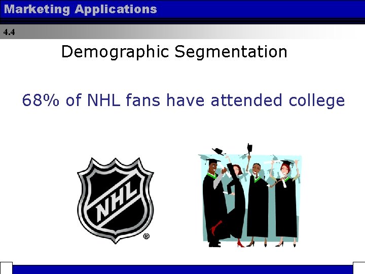 Marketing Applications 4. 4 Demographic Segmentation 68% of NHL fans have attended college 