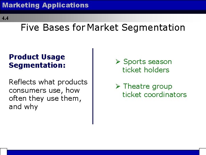 Marketing Applications 4. 4 Five Bases for Market Segmentation Product Usage Segmentation: Reflects what