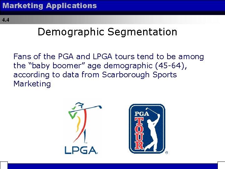 Marketing Applications 4. 4 Demographic Segmentation Fans of the PGA and LPGA tours tend