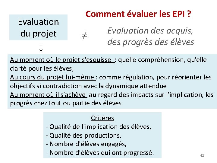 Evaluation du projet ↓ Comment évaluer les EPI ? ≠ Evaluation des acquis, des