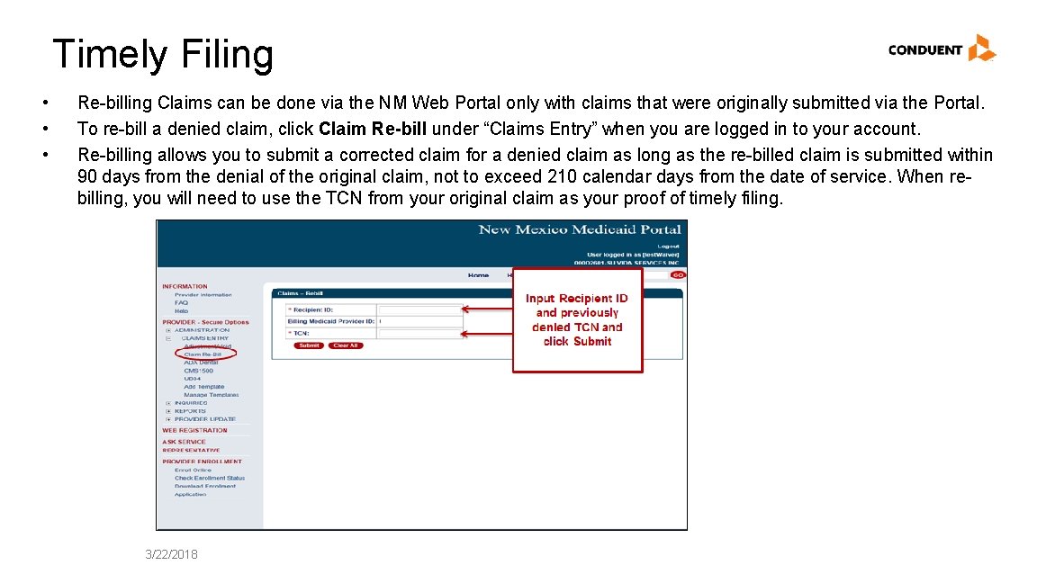 Timely Filing • • • Re-billing Claims can be done via the NM Web