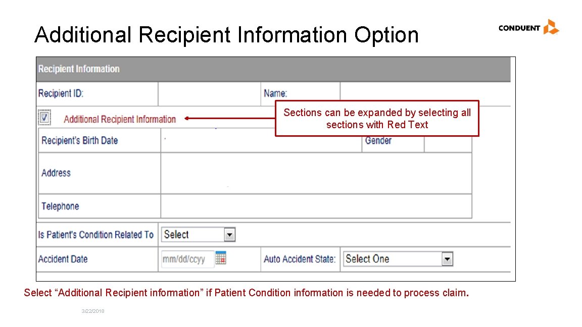 Additional Recipient Information Option Sections can be expanded by selecting all sections with Red