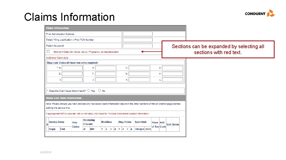 Claims Information Sections can be expanded by selecting all sections with red text. 3/22/2018