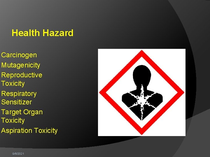 Health Hazard Carcinogen Mutagenicity Reproductive Toxicity Respiratory Sensitizer Target Organ Toxicity Aspiration Toxicity 9/6/2021