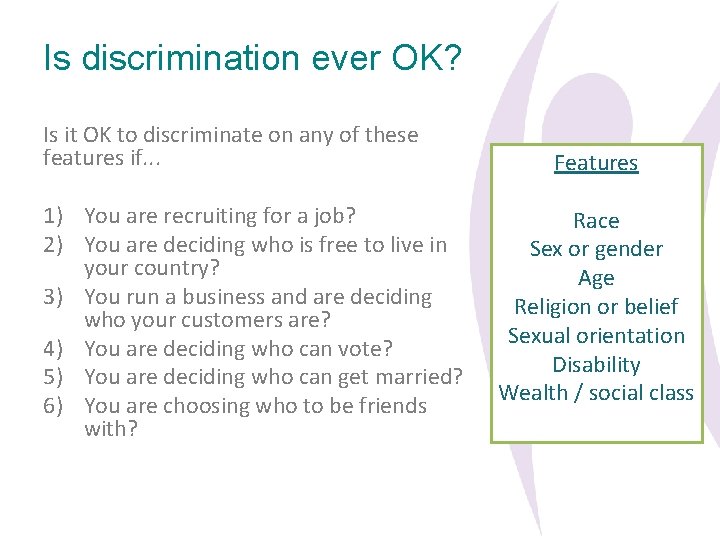 Is discrimination ever OK? Is it OK to discriminate on any of these features