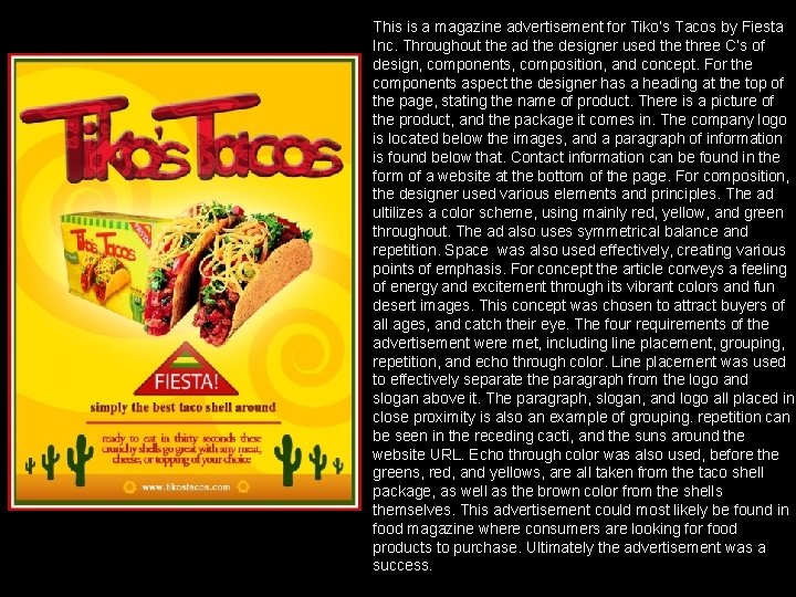 This is a magazine advertisement for Tiko’s Tacos by Fiesta Inc. Throughout the ad