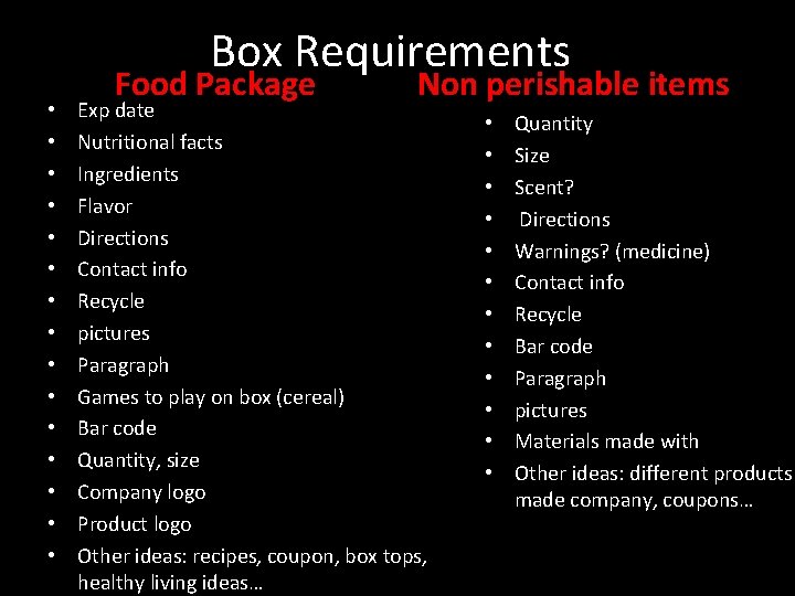 Box Requirements • • • • Food Package Non perishable items Exp date Nutritional