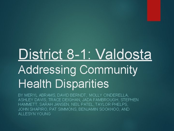 District 8 -1: Valdosta Addressing Community Health Disparities BY MERYL ABRAMS, DAVID BERNDT, MOLLY