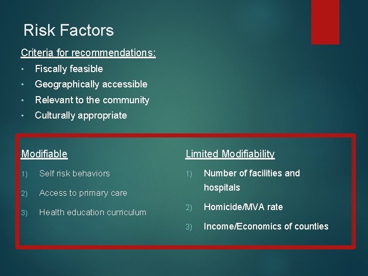 Risk Factors Criteria for recommendations: • Fiscally feasible • Geographically accessible • Relevant to