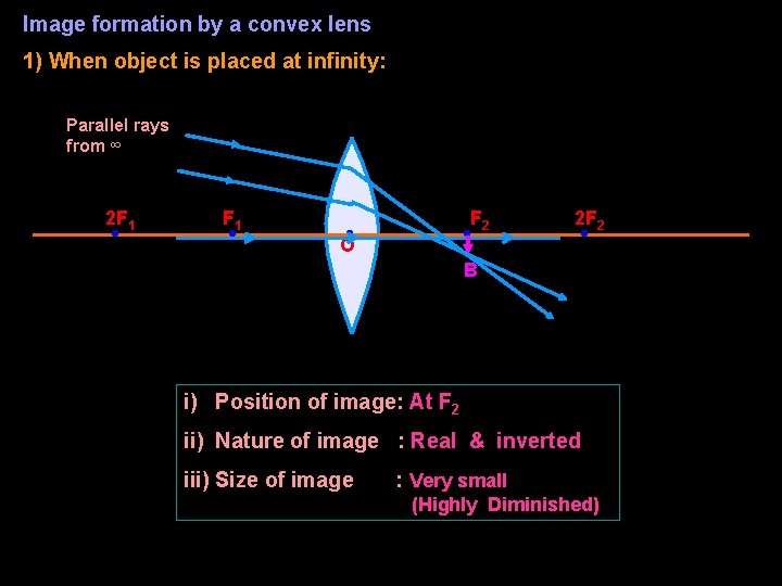 Image formation by a convex lens 1) When object is placed at infinity: Parallel