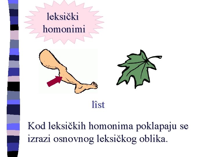 leksički homonimi lîst Kod leksičkih homonima poklapaju se izrazi osnovnog leksičkog oblika. 