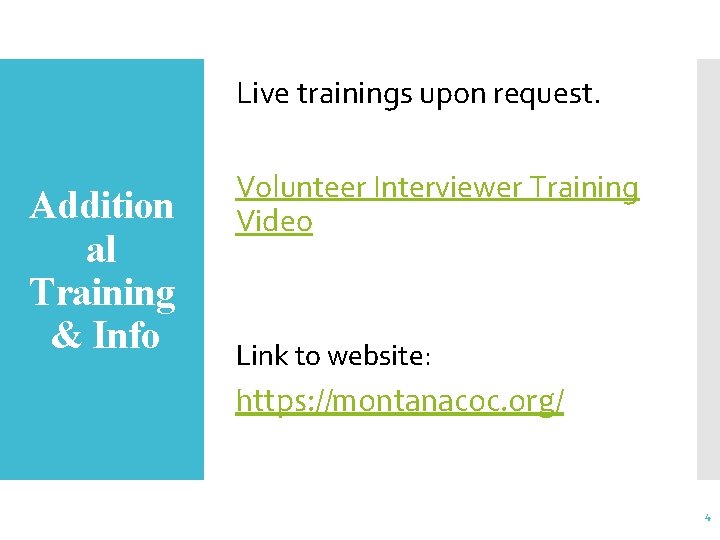 Live trainings upon request. Addition al Training & Info Volunteer Interviewer Training Video Link