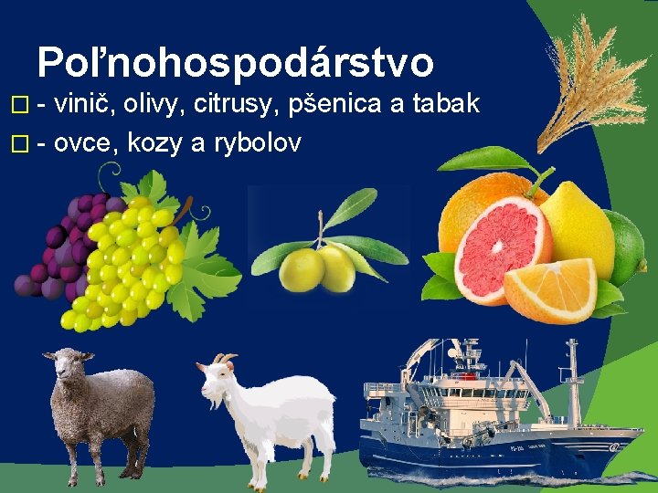 Poľnohospodárstvo �- vinič, olivy, citrusy, pšenica a tabak � - ovce, kozy a rybolov