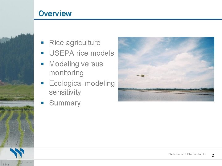 Overview § Rice agriculture § USEPA rice models § Modeling versus monitoring § Ecological