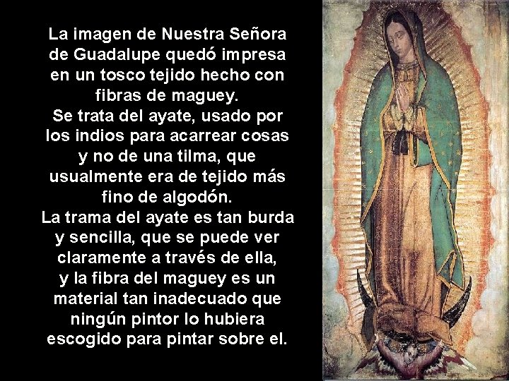 La imagen de Nuestra Señora de Guadalupe quedó impresa en un tosco tejido hecho