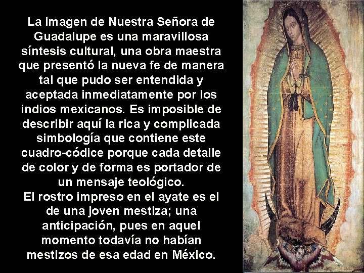 La imagen de Nuestra Señora de Guadalupe es una maravillosa síntesis cultural, una obra