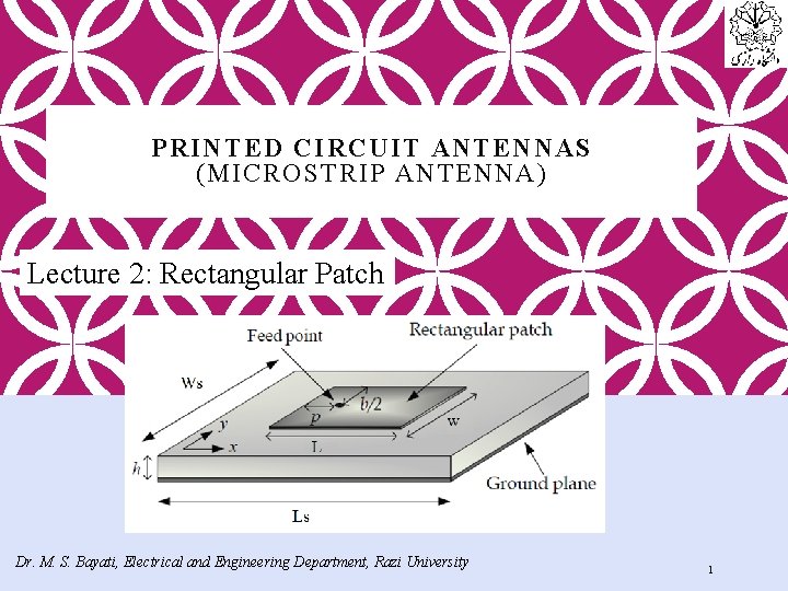PRINTED CIRCUIT ANTENNAS (MICROSTRIP ANTENNA) Lecture 2: Rectangular Patch Dr. M. S. Bayati, Electrical