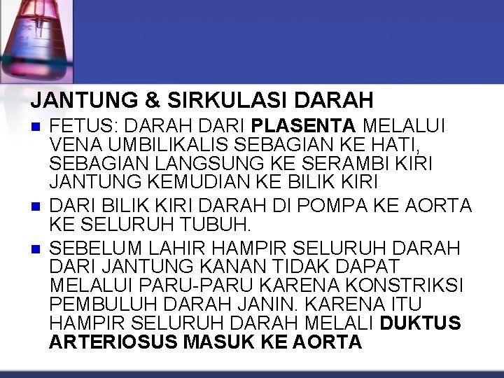 JANTUNG & SIRKULASI DARAH n n n FETUS: DARAH DARI PLASENTA MELALUI VENA UMBILIKALIS