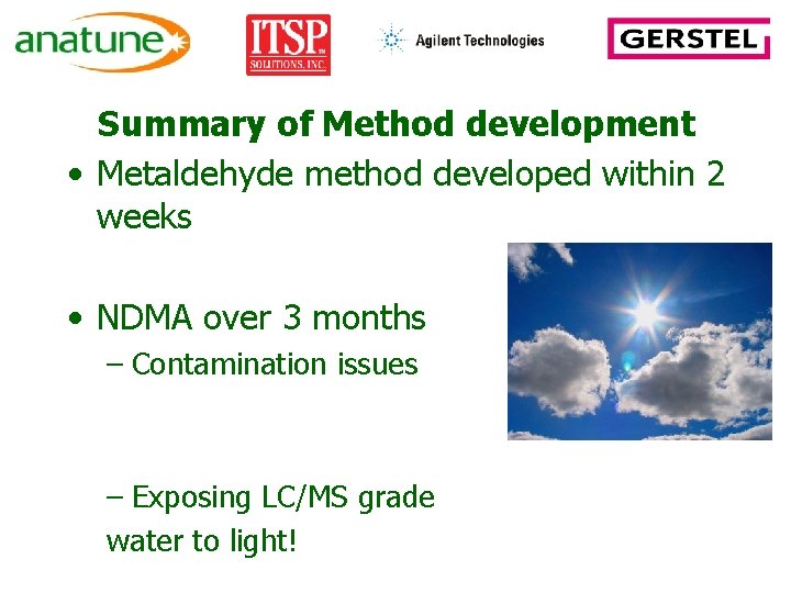 Summary of Method development • Metaldehyde method developed within 2 weeks • NDMA over