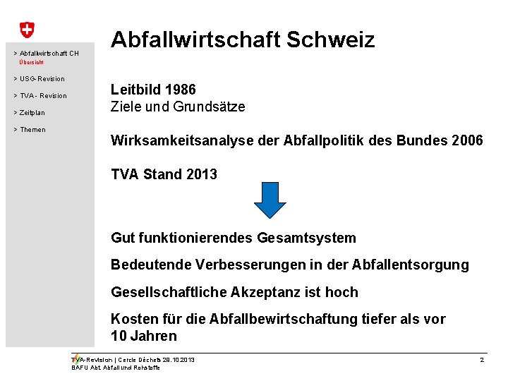 > Abfallwirtschaft CH Abfallwirtschaft Schweiz Übersicht > USG-Revision > TVA - Revision > Zeitplan