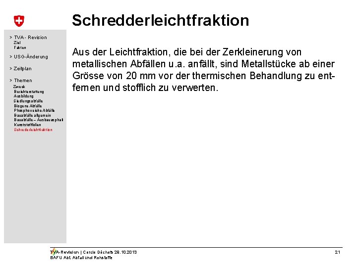 Schredderleichtfraktion > TVA - Revision Ziel Fakten > USG-Änderung > Zeitplan > Themen Zweck