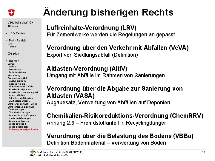 Änderung bisherigen Rechts > Abfallwirtschaft CH Luftreinhalte-Verordnung (LRV) Übersicht Für Zementwerke werden die Regelungen