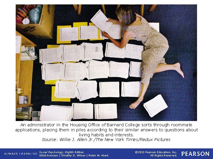 An administrator in the Housing Office of Barnard College sorts through roommate applications, placing