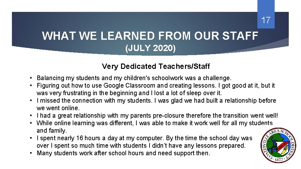 17 WHAT WE LEARNED FROM OUR STAFF (JULY 2020) Very Dedicated Teachers/Staff • Balancing