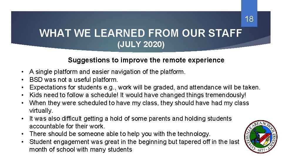 18 WHAT WE LEARNED FROM OUR STAFF (JULY 2020) Suggestions to improve the remote