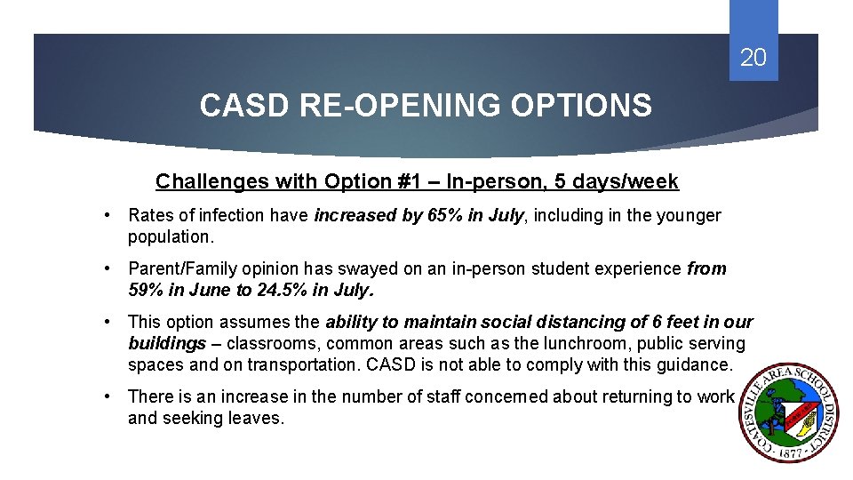 20 CASD RE-OPENING OPTIONS Challenges with Option #1 – In-person, 5 days/week • Rates