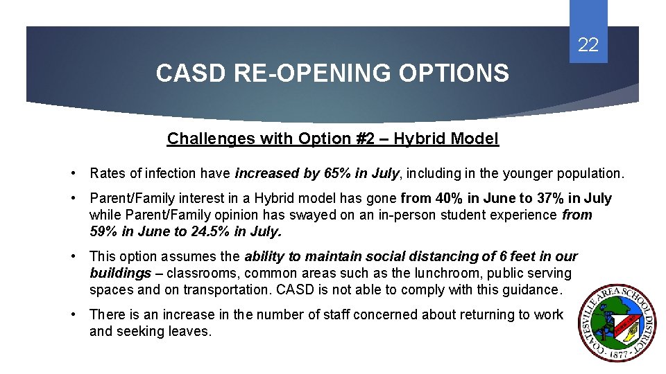22 CASD RE-OPENING OPTIONS Challenges with Option #2 – Hybrid Model • Rates of