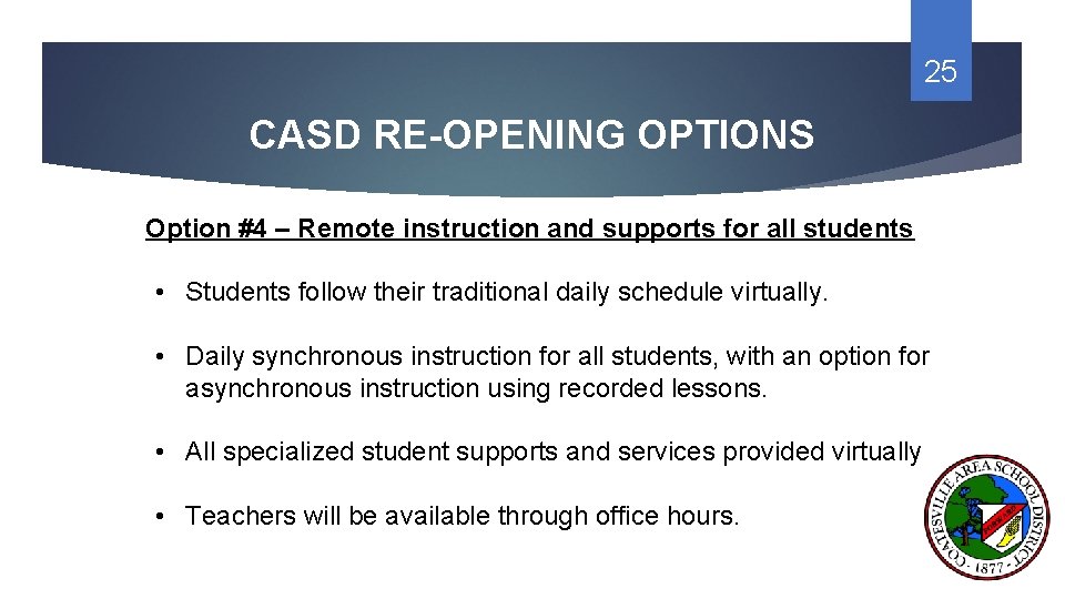 25 CASD RE-OPENING OPTIONS Option #4 – Remote instruction and supports for all students