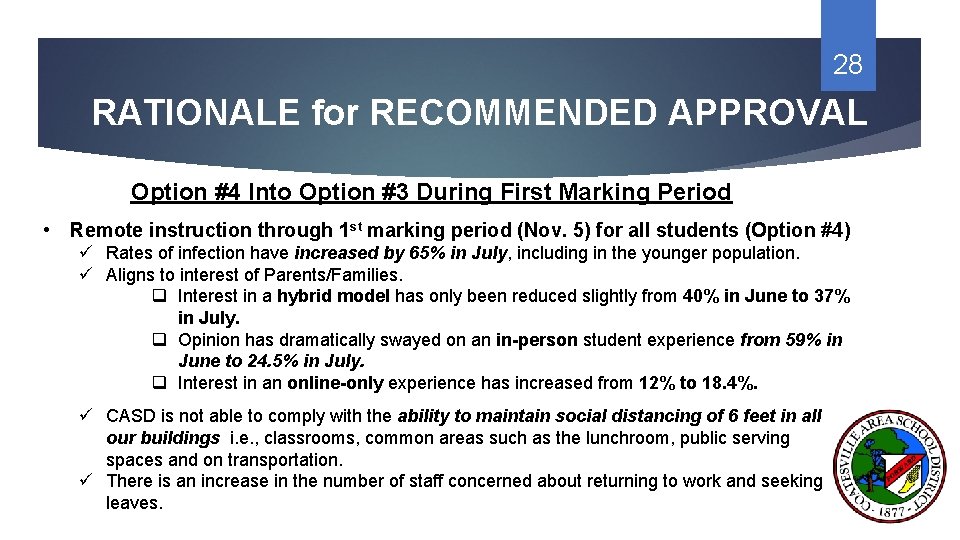 28 RATIONALE for RECOMMENDED APPROVAL Option #4 Into Option #3 During First Marking Period