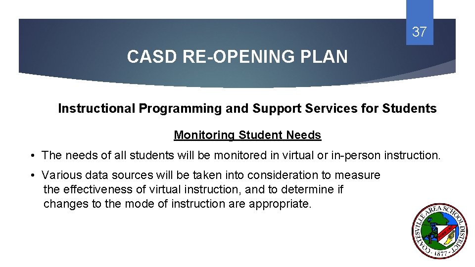 37 CASD RE-OPENING PLAN Instructional Programming and Support Services for Students Monitoring Student Needs