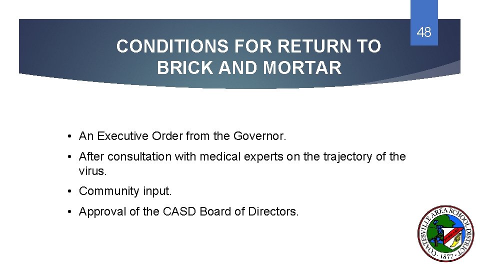 CONDITIONS FOR RETURN TO BRICK AND MORTAR • An Executive Order from the Governor.