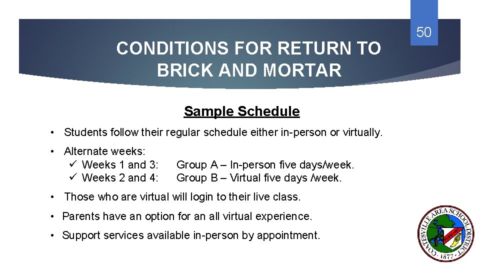 CONDITIONS FOR RETURN TO BRICK AND MORTAR Sample Schedule • Students follow their regular