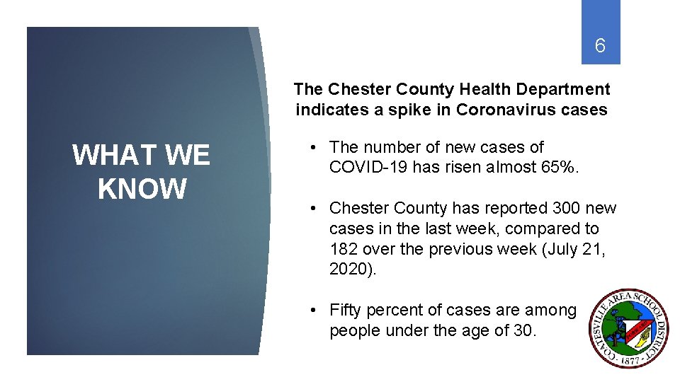 6 The Chester County Health Department indicates a spike in Coronavirus cases WHAT WE