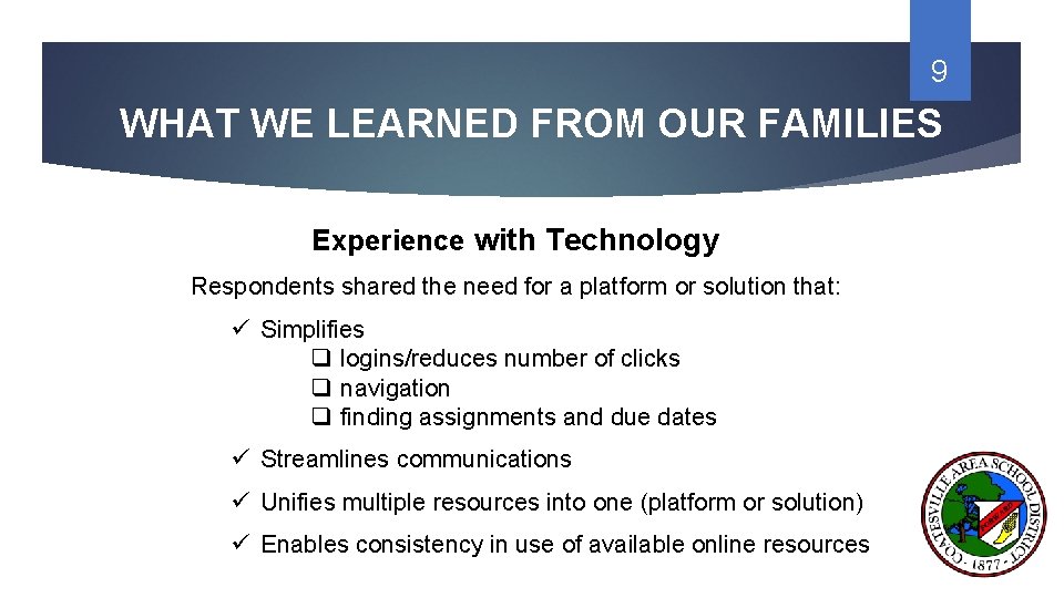 9 WHAT WE LEARNED FROM OUR FAMILIES Experience with Technology Respondents shared the need