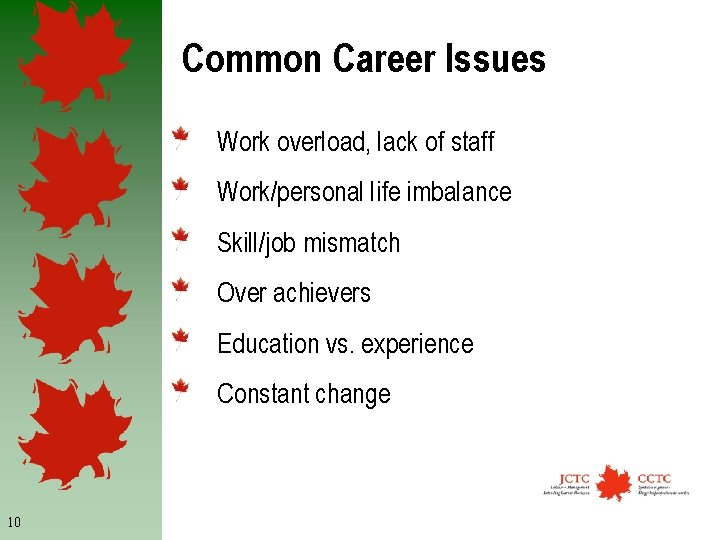 Common Career Issues Work overload, lack of staff Work/personal life imbalance Skill/job mismatch Over