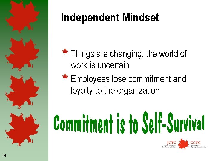 Independent Mindset Things are changing, the world of work is uncertain Employees lose commitment