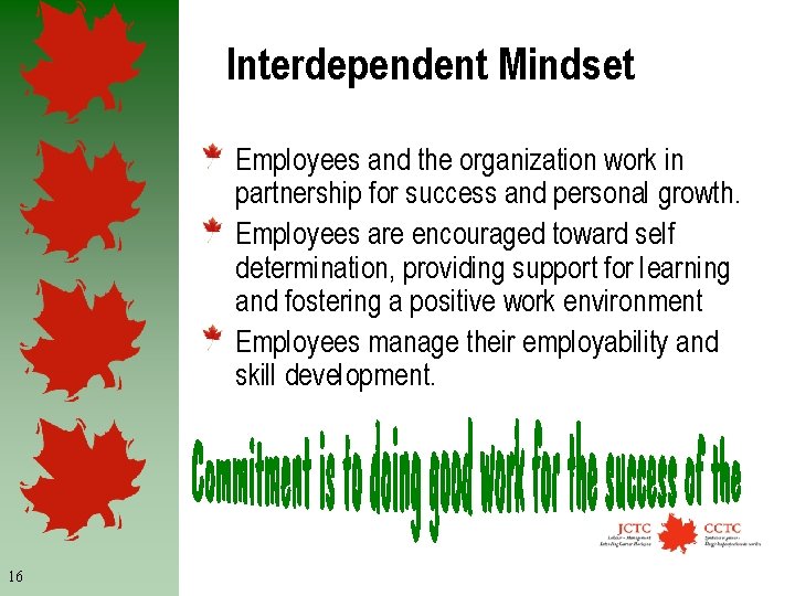 Interdependent Mindset Employees and the organization work in partnership for success and personal growth.