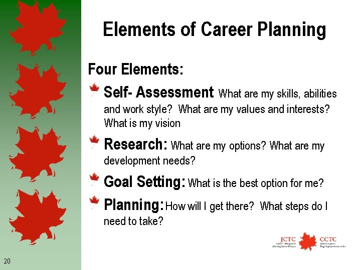 Elements of Career Planning Four Elements: Self- Assessment: What are my skills, abilities and