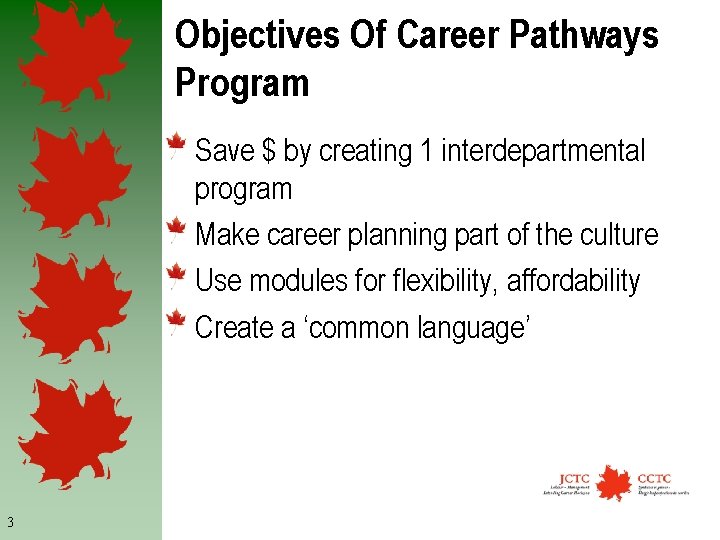 Objectives Of Career Pathways Program Save $ by creating 1 interdepartmental program Make career