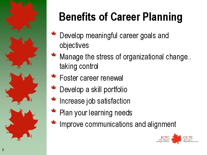 Benefits of Career Planning Develop meaningful career goals and objectives Manage the stress of