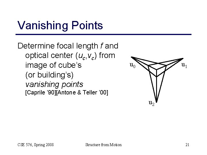 Vanishing Points Determine focal length f and optical center (uc, vc) from image of Vanishing Points Determine focal length f and optical center (uc, vc) from image of