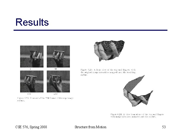 Results CSE 576, Spring 2008 Structure from Motion 53 Results CSE 576, Spring 2008 Structure from Motion 53